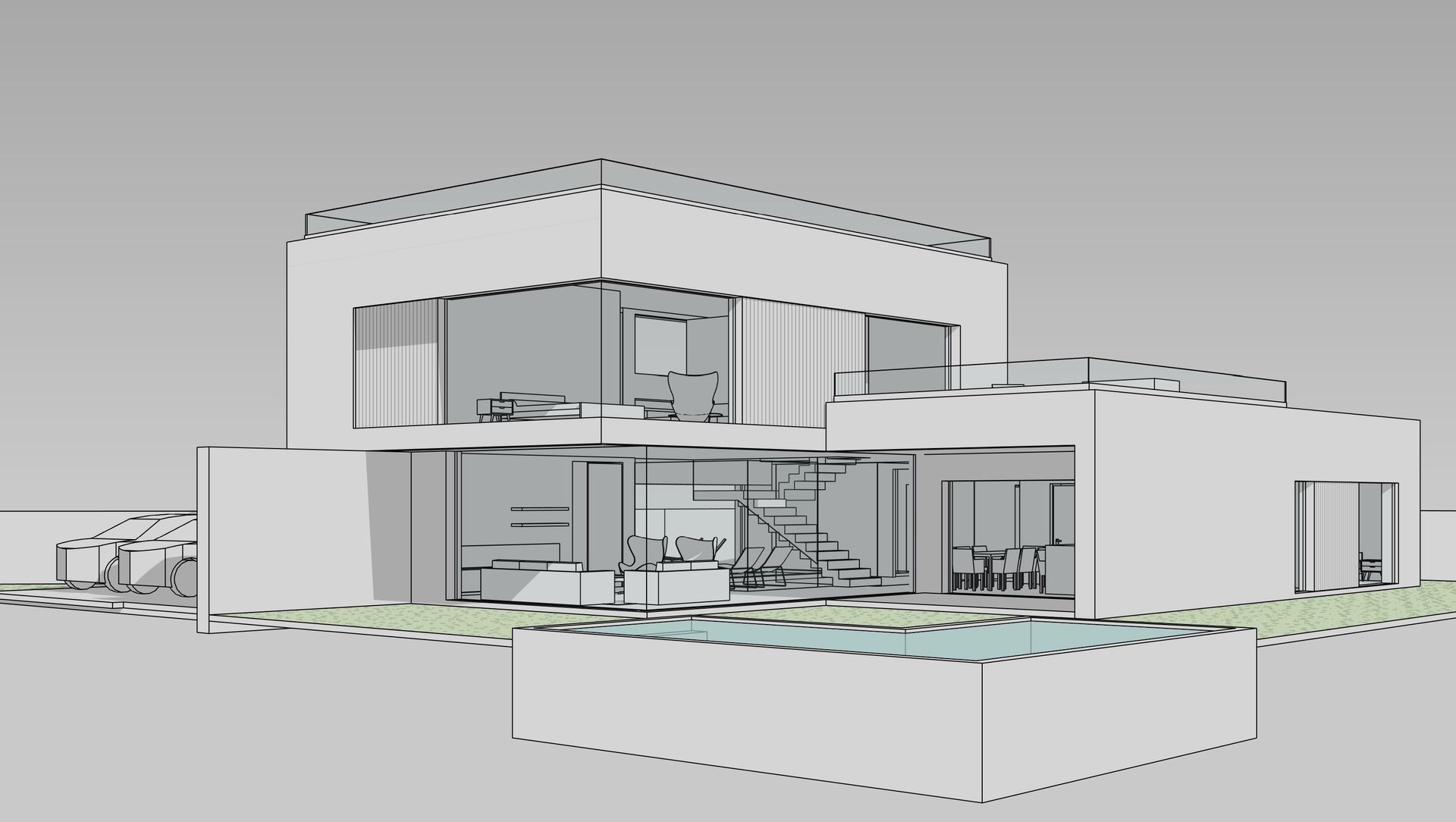 Un dibujo en blanco y negro de una casa con piscina.