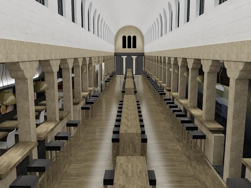 Un largo pasillo con columnas, mesas y sillas.