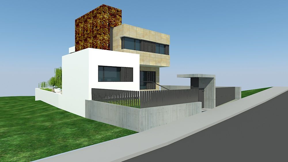 Impresión artística de una casa moderna con techo de ladrillo.