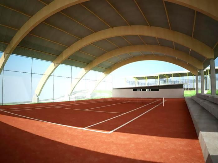 Impresión artística de una cancha de tenis cubierta.
