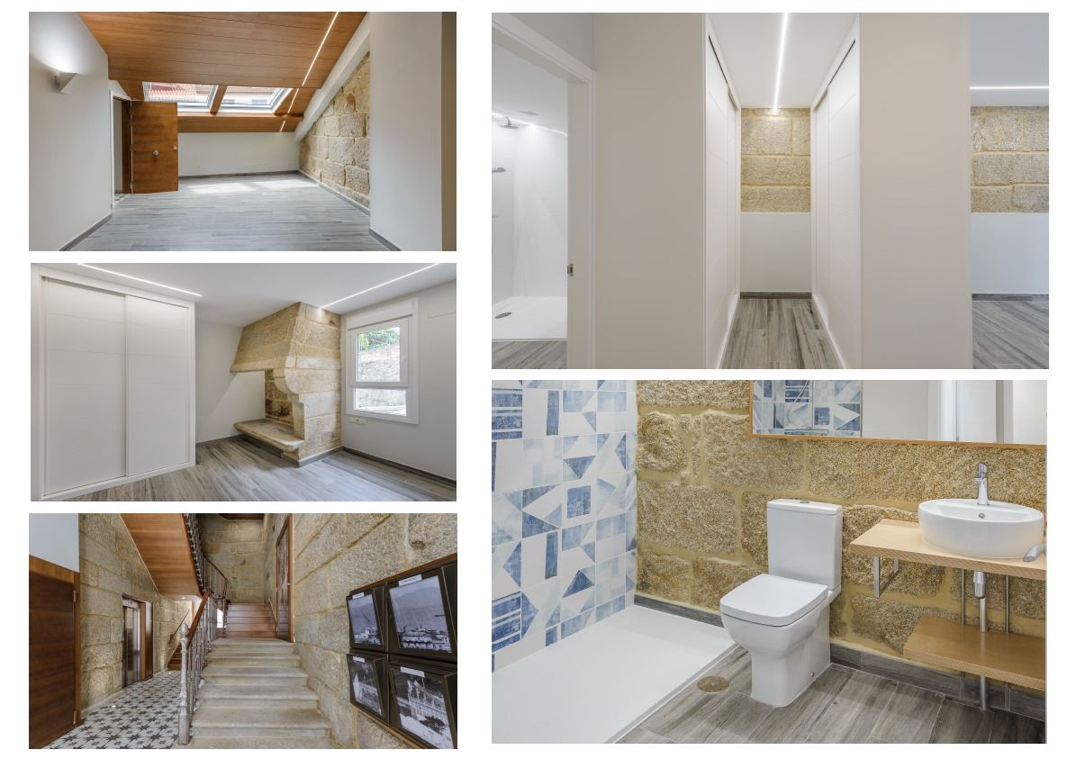 Un collage de fotografías de un baño y un pasillo.