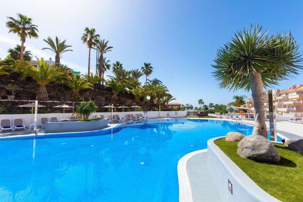 Una gran piscina con palmeras al fondo.