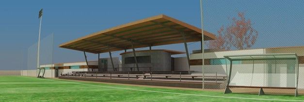 Impresión artística de un estadio con techo de madera.