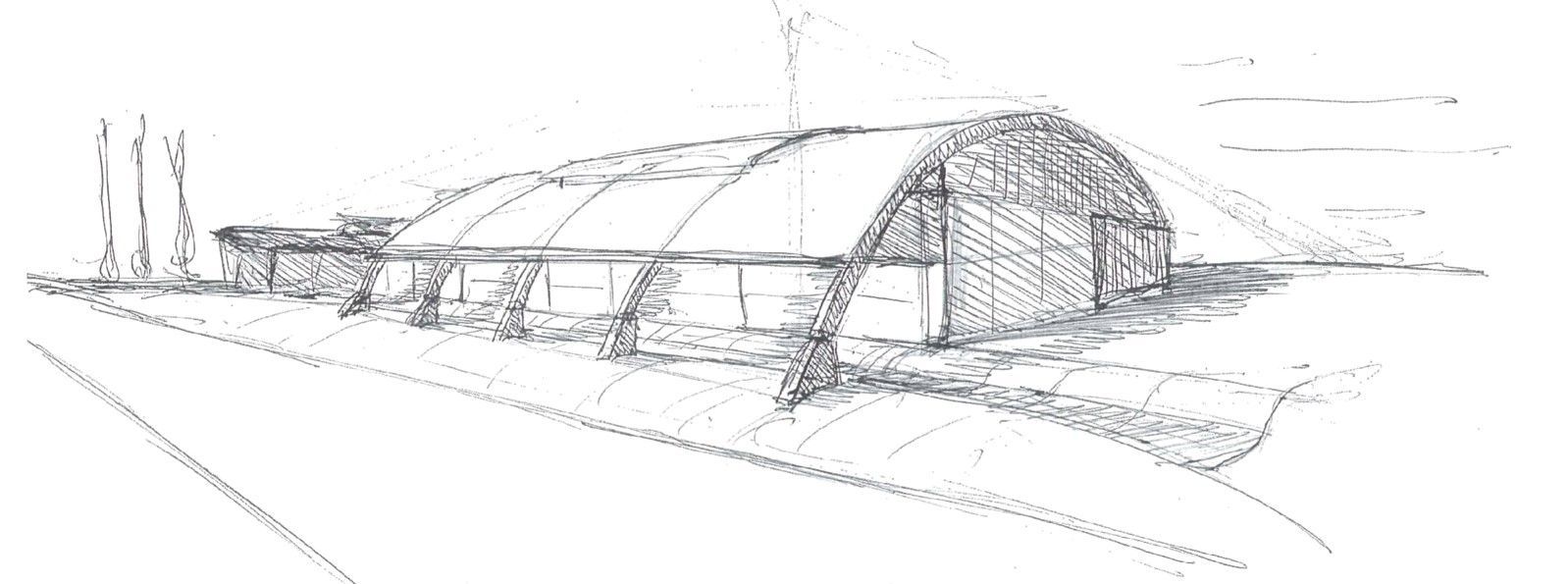 Un dibujo en blanco y negro de un invernadero en un campo.