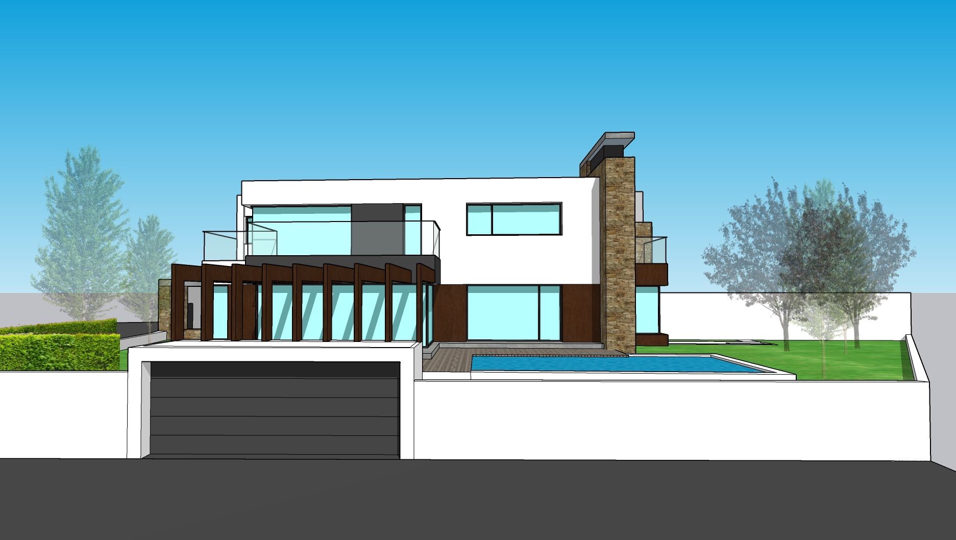 Impresión artística de una casa moderna con piscina.