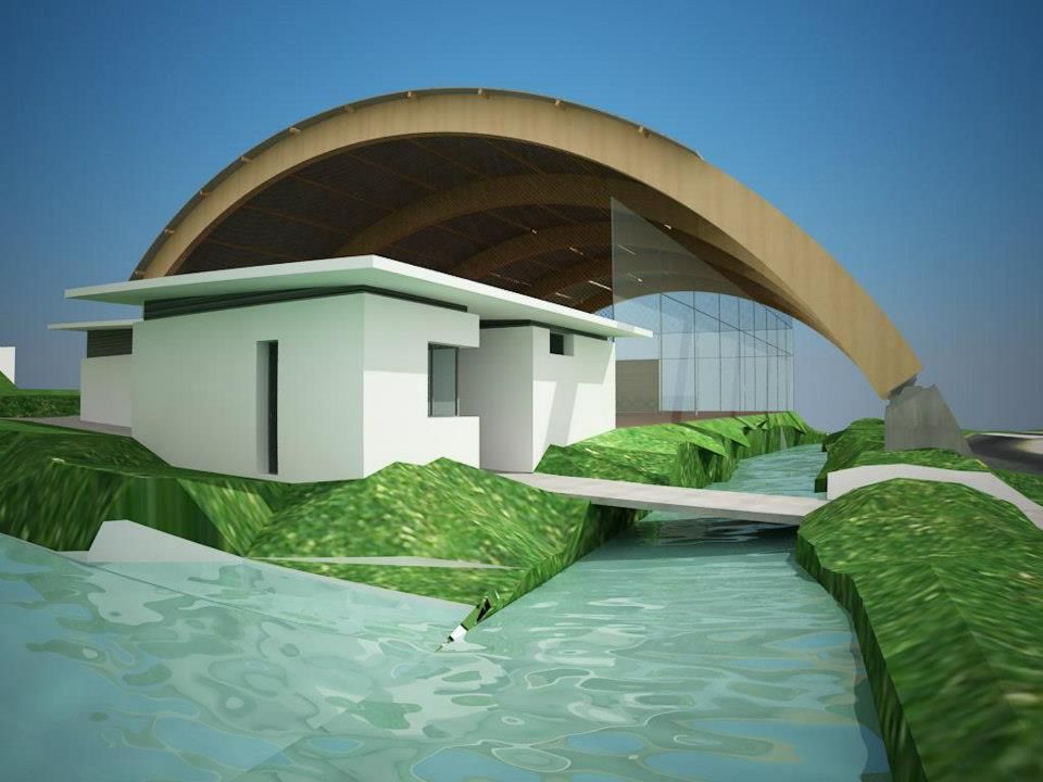 Impresión artística de una casa junto a un río.