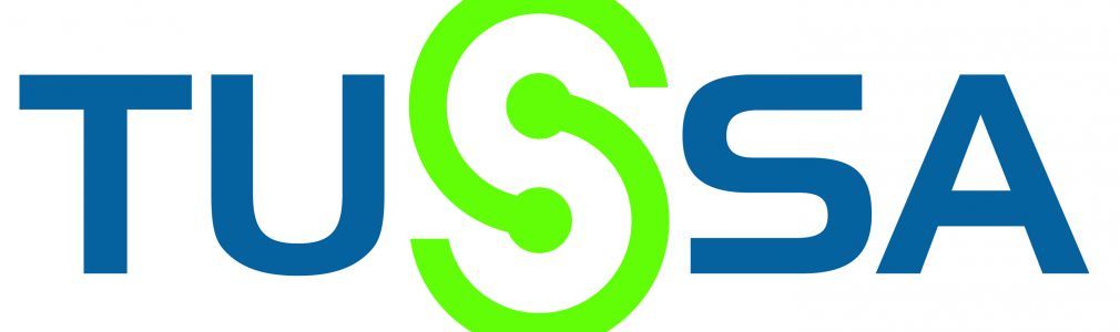 Un logotipo azul y verde para Tussa sobre un fondo blanco.