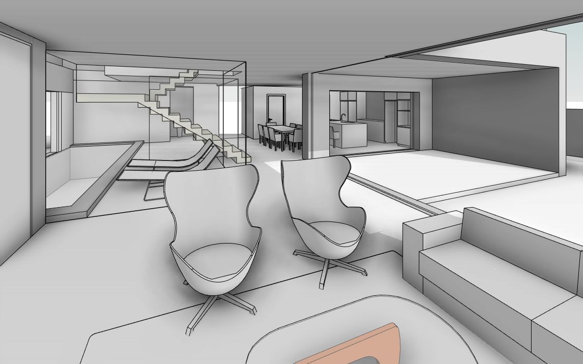 Un dibujo de una sala de estar con sillas y un sofá.