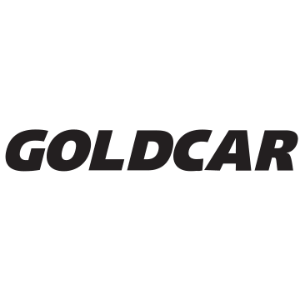 Un logotipo en blanco y negro para Goldcar sobre un fondo blanco.
