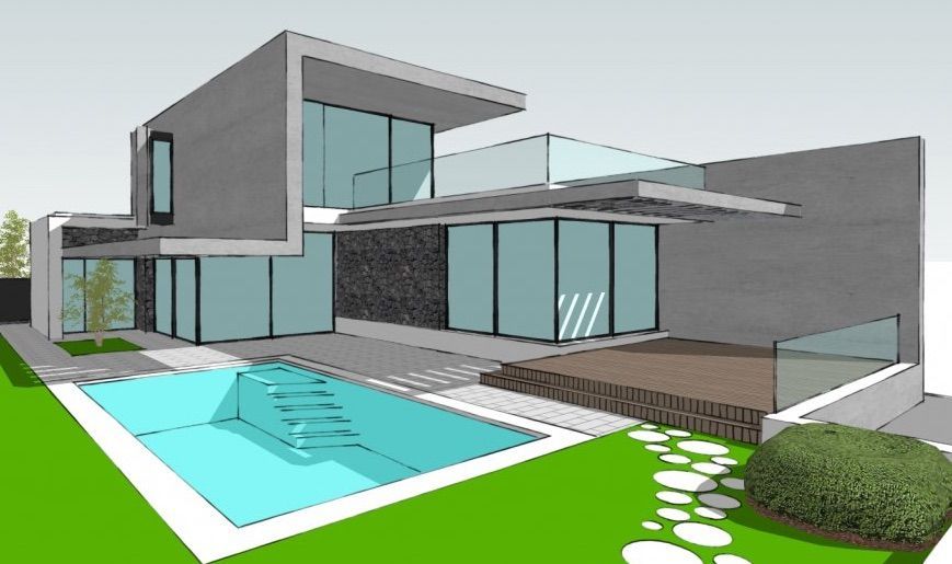 Impresión artística de una casa moderna con piscina.