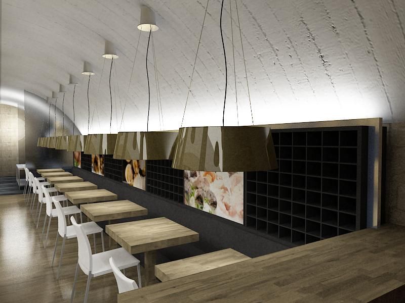 Una representación de un restaurante con mesas y sillas.