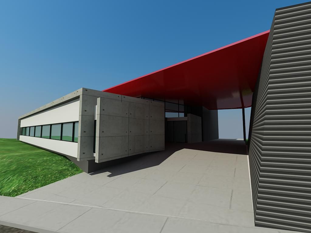 Impresión artística de un edificio con techo rojo.
