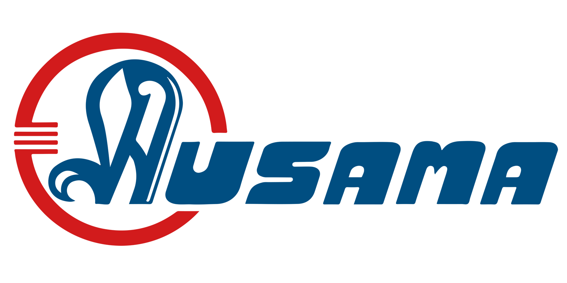 Un logotipo azul y rojo para Nusama sobre un fondo blanco.