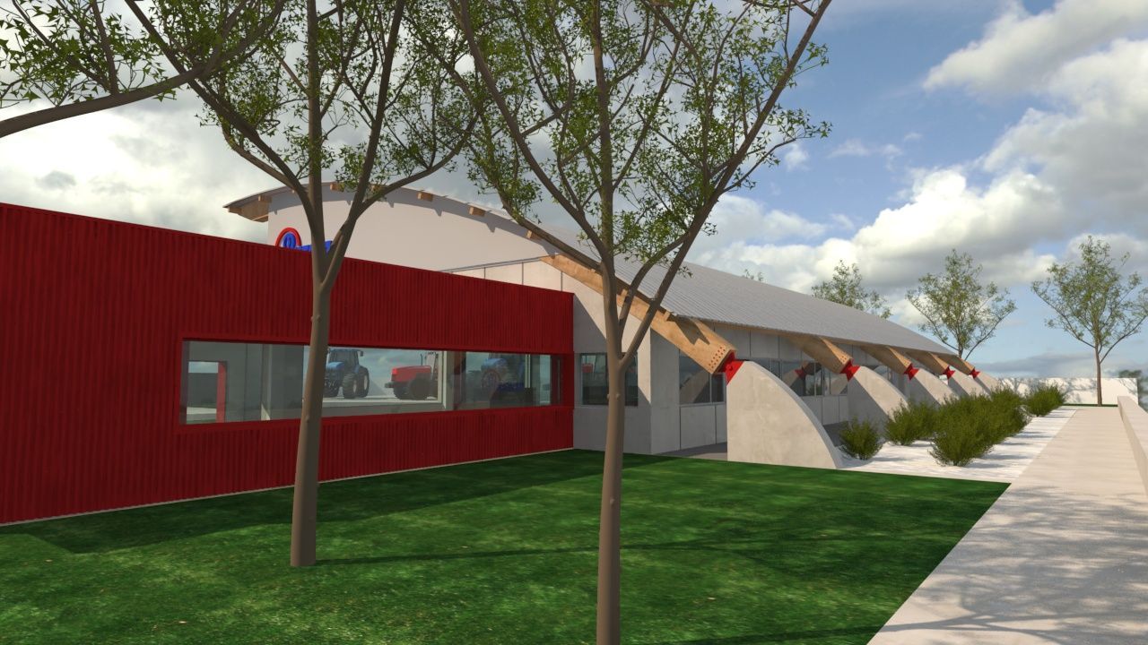 Impresión artística de un edificio con una pared roja.