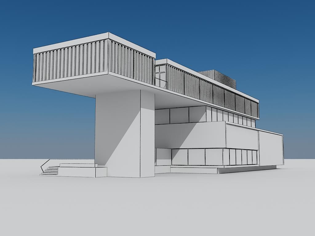 Un modelo 3D de un edificio con un cielo azul de fondo.