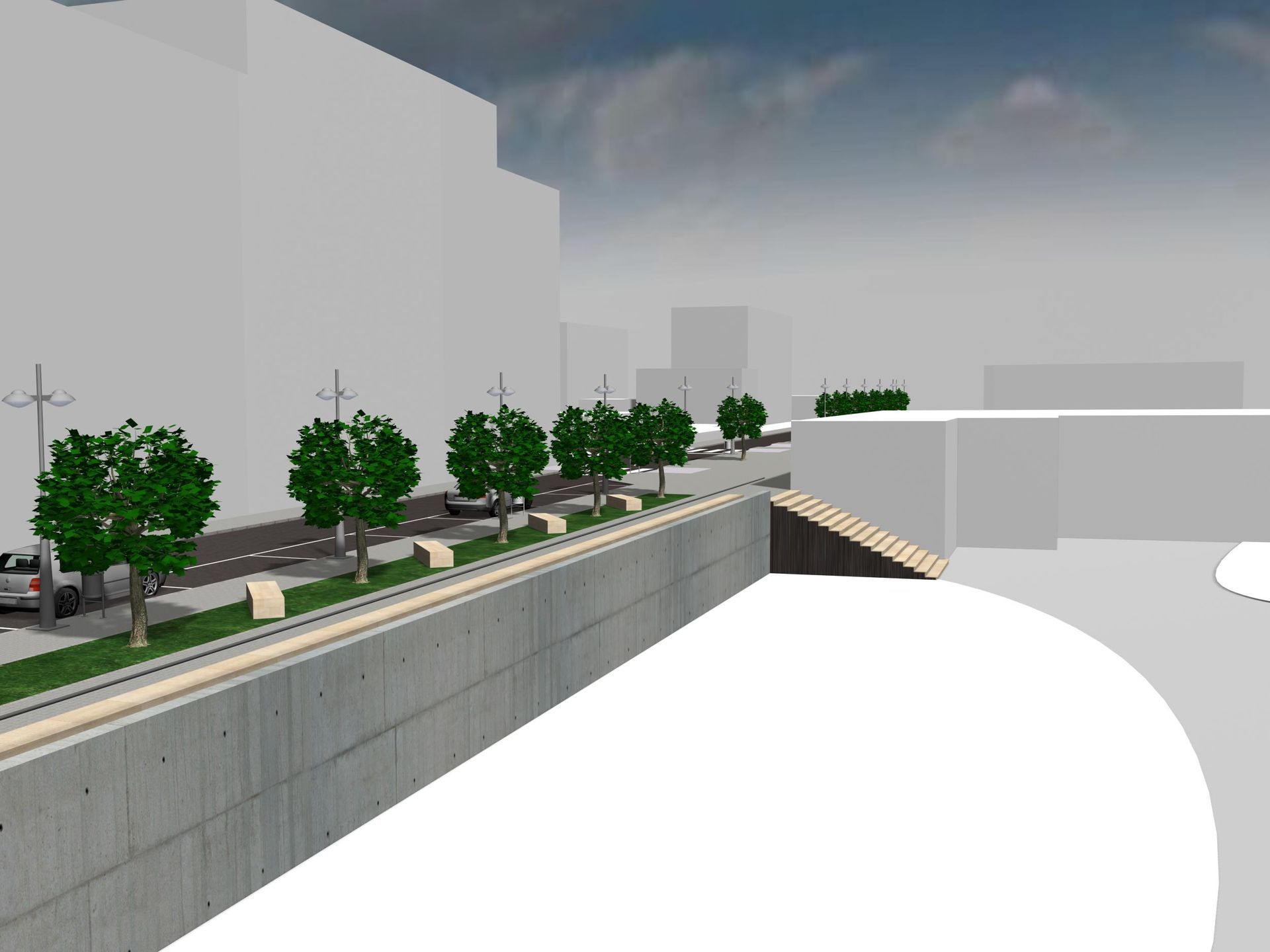 Una imagen generada por computadora de una ciudad con árboles y edificios.