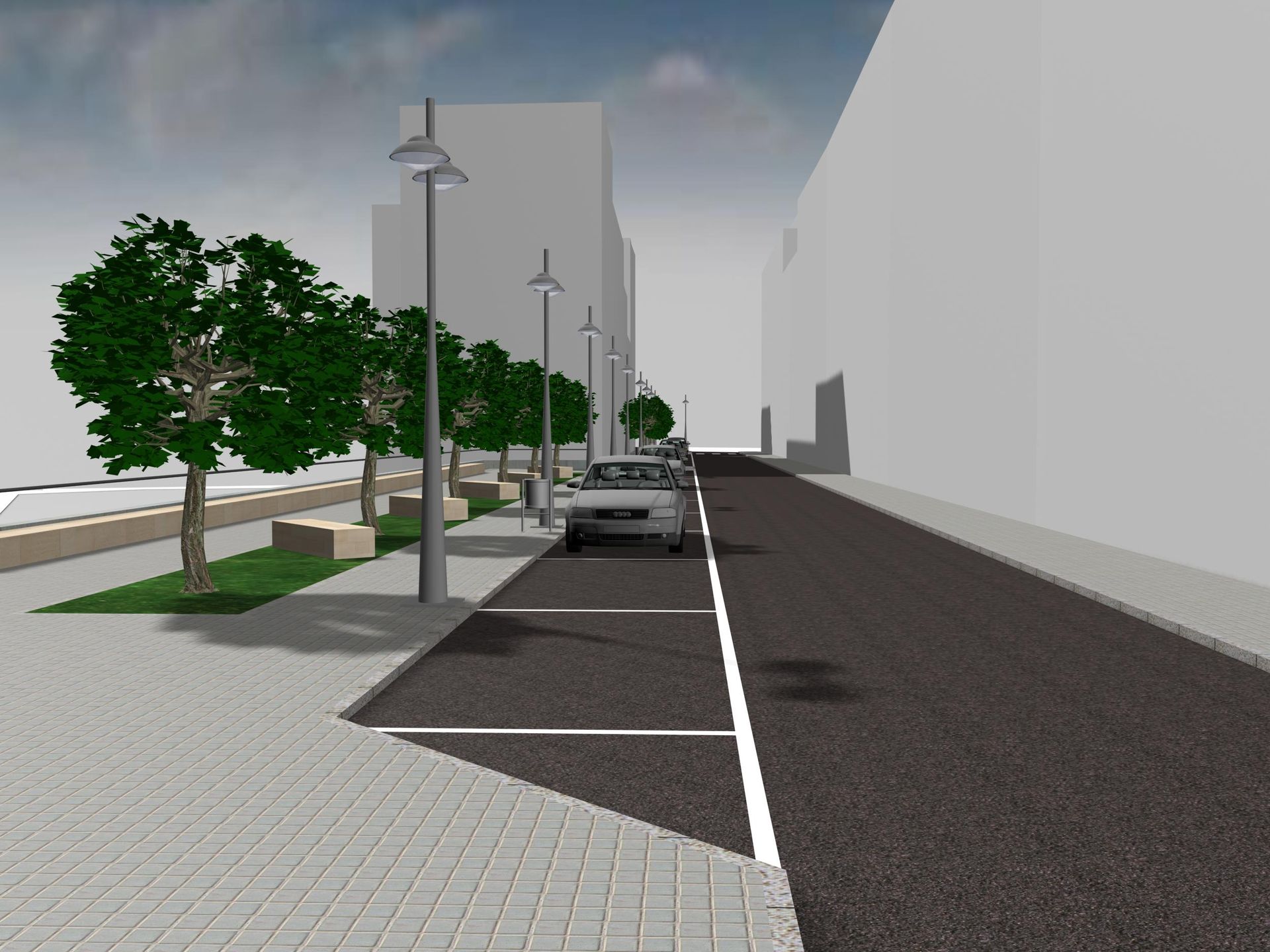 Una imagen generada por computadora de un estacionamiento con autos estacionados en él.