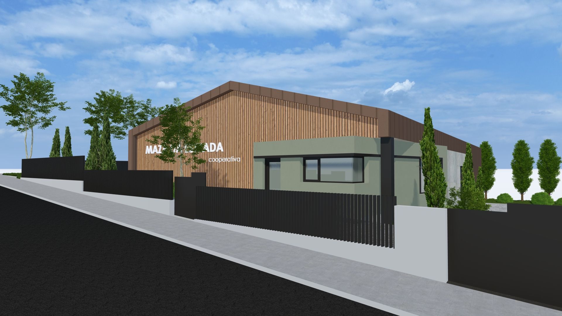 Impresión artística de una casa con techo de madera.