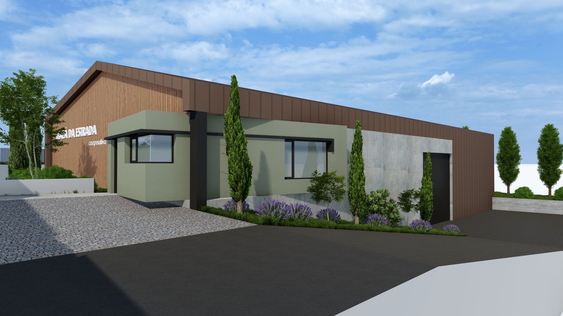 Impresión artística de una casa moderna con techo de madera.