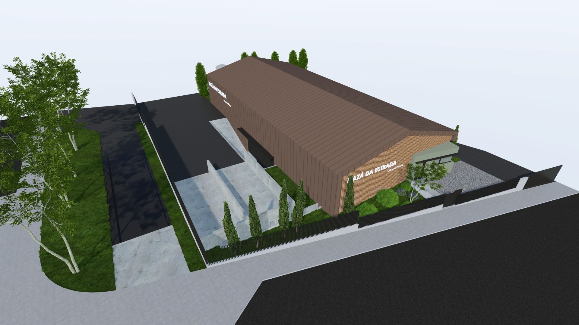 Una vista aérea de un gran edificio marrón con árboles frente a él.