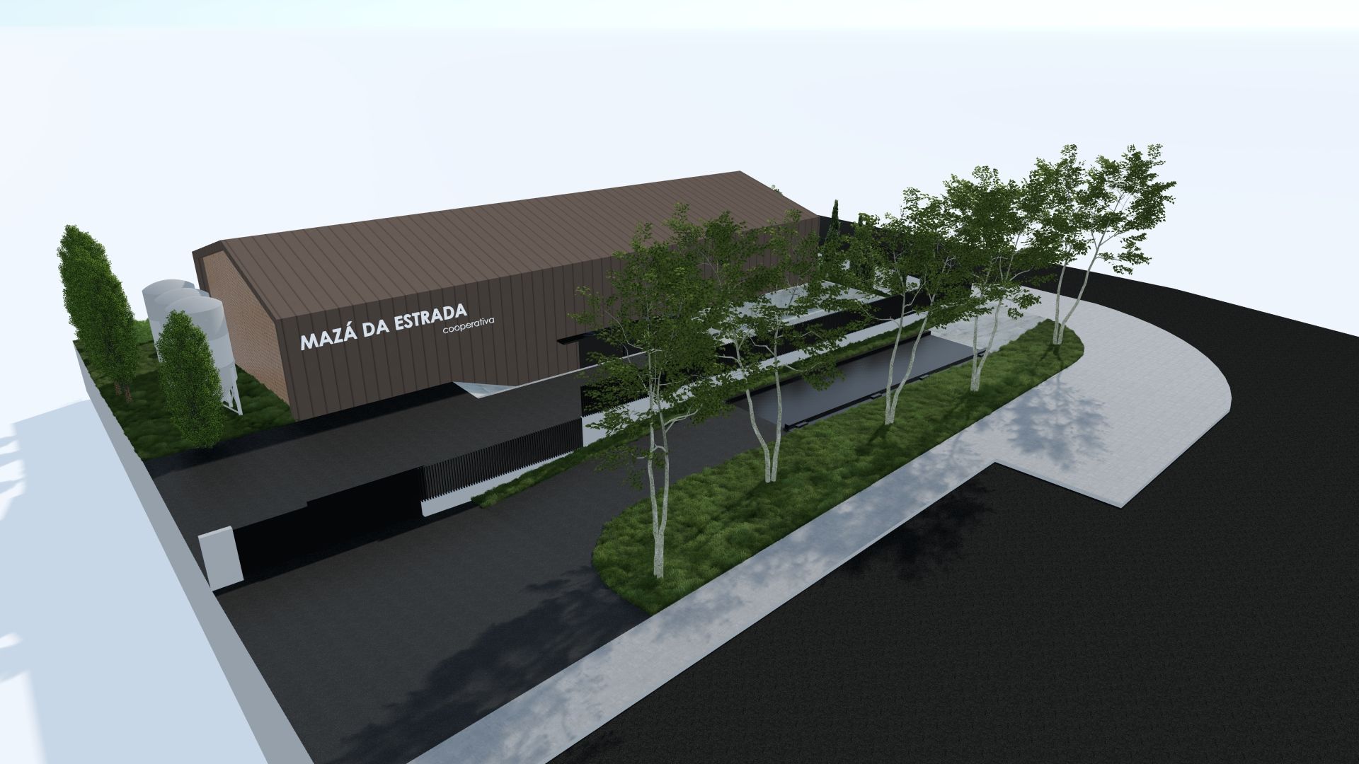 Una vista aérea de un edificio con árboles delante de él.