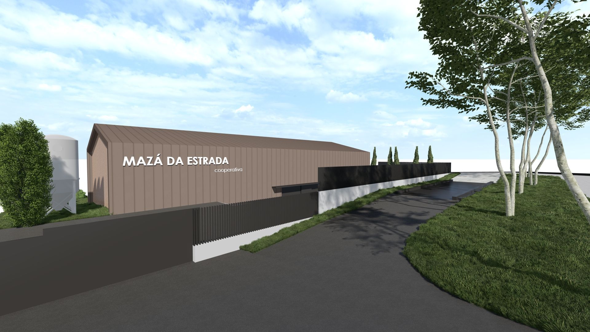 Impresión artística de un edificio con una valla y árboles delante.