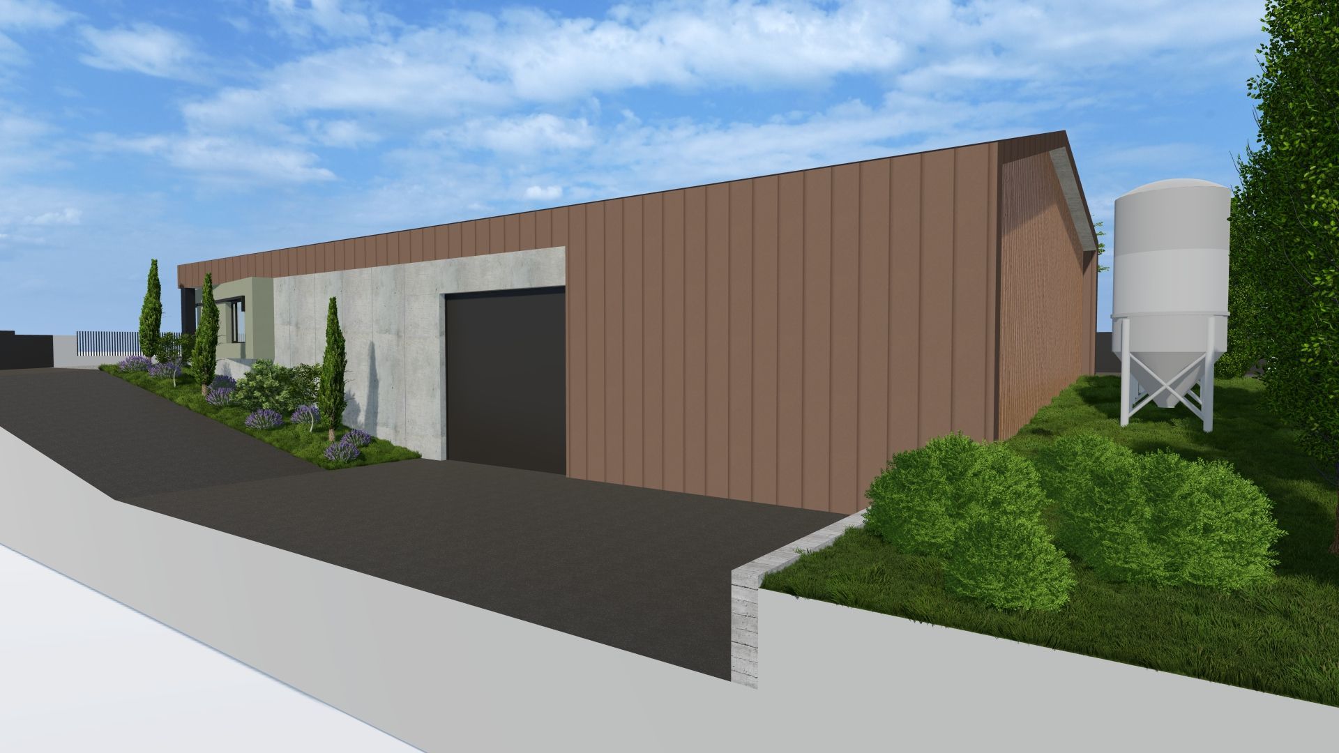 Impresión artística de un gran edificio con un silo delante.