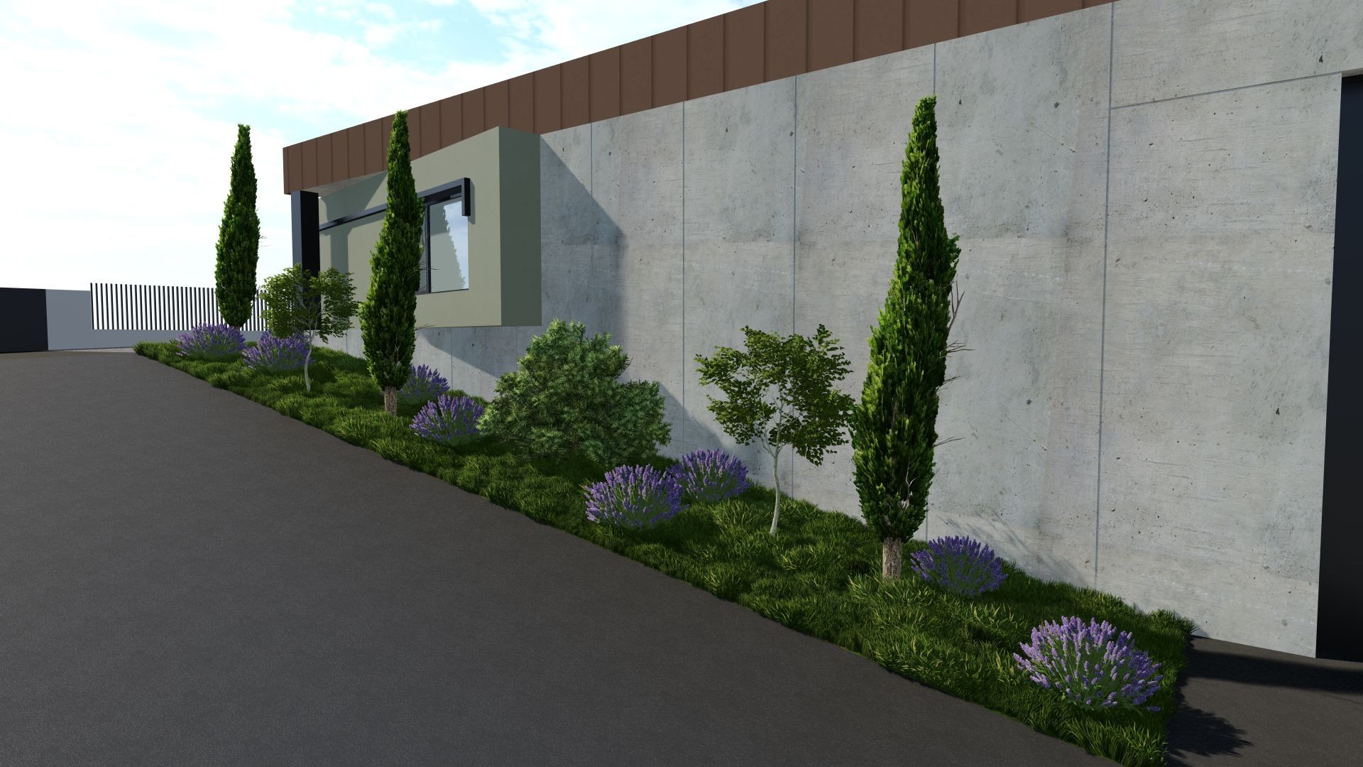 Una representación 3D de un edificio de hormigón con árboles y flores delante de él.