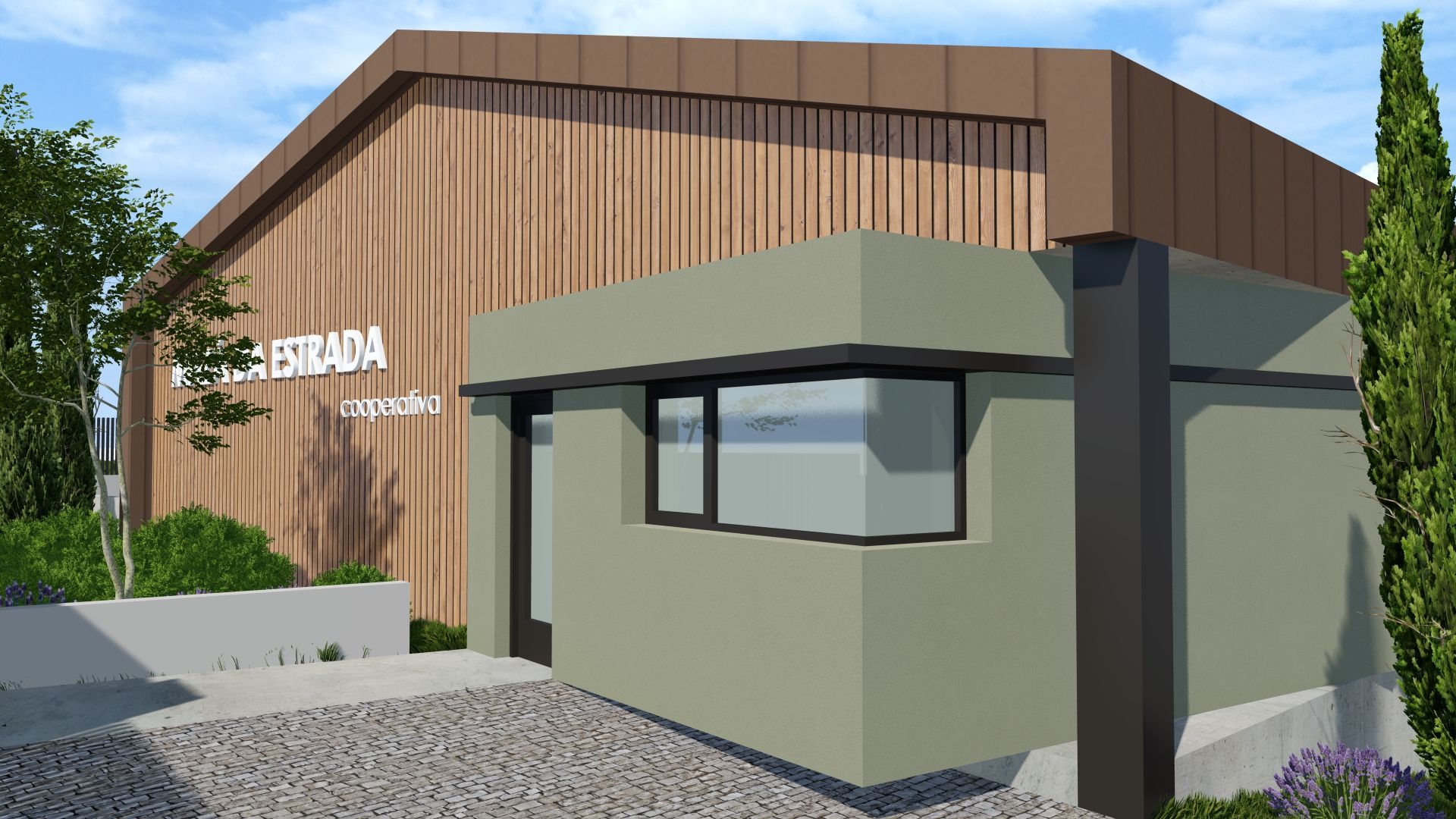 Impresión artística de un edificio con fachada de madera.