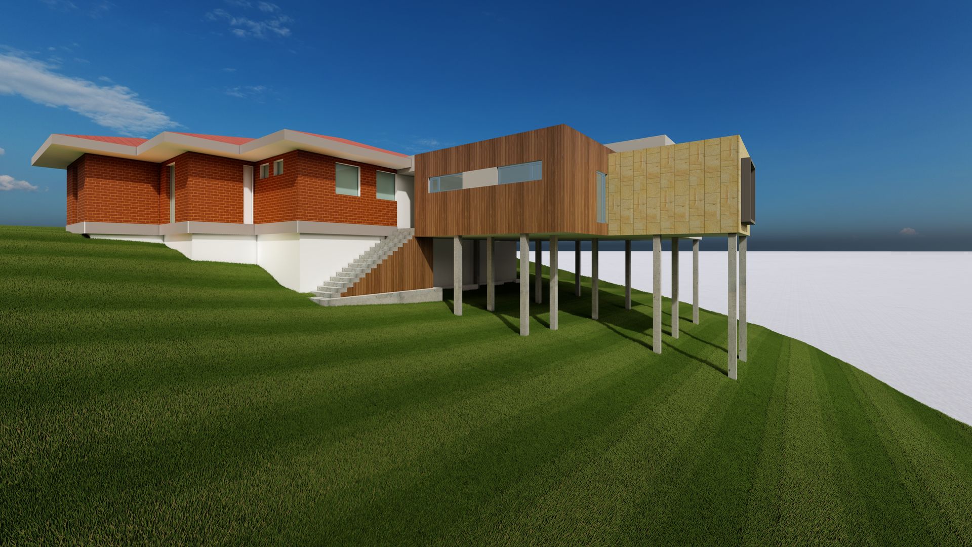 Un modelo 3D de una casa sobre pilotes en la cima de una colina.