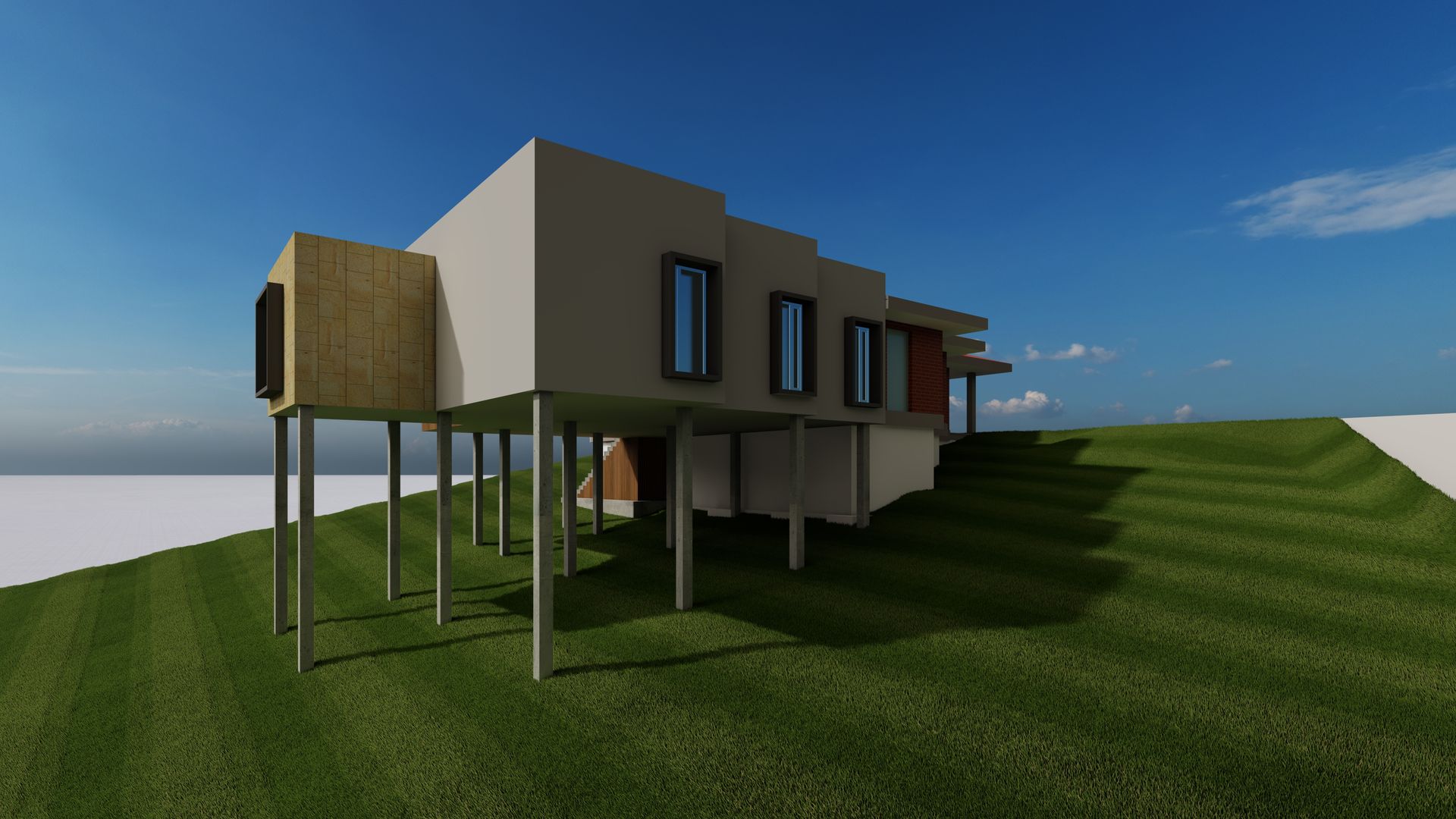 Una representación 3D de una casa moderna sobre pilotes en la cima de una colina cubierta de hierba.