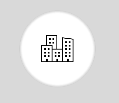 Un dibujo lineal de tres edificios en un círculo sobre un fondo gris.