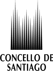 Un logotipo en blanco y negro para el Concello de Santiago con un edificio al fondo.