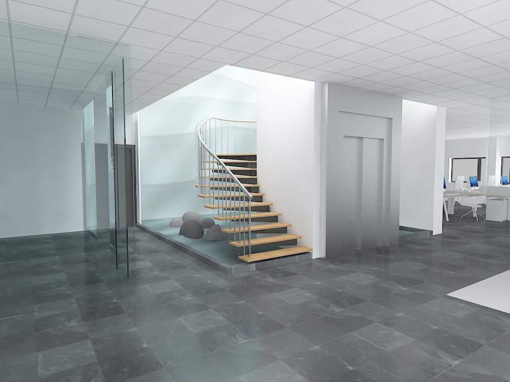 Impresión artística de una escalera en un edificio de oficinas.