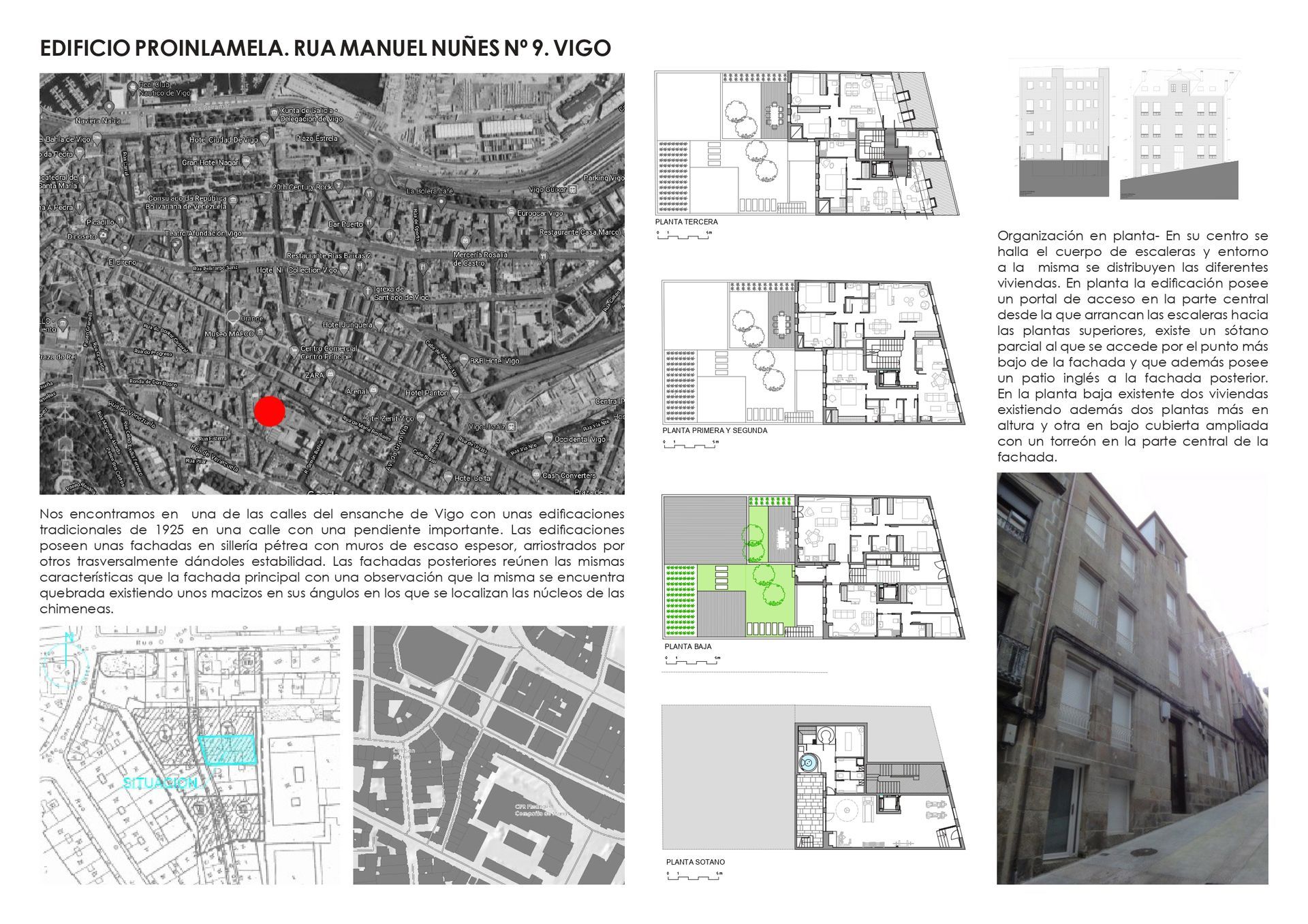 Un dibujo en blanco y negro de un edificio con un círculo rojo en el medio.