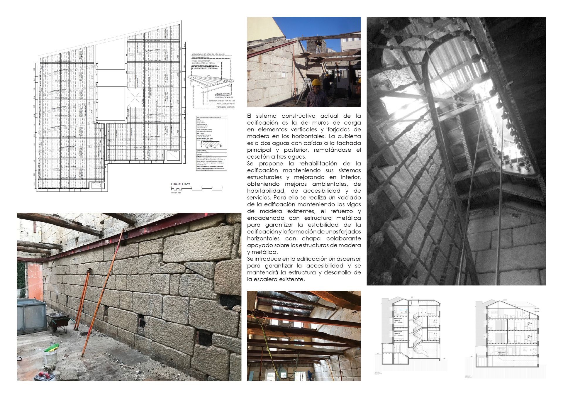 Un collage de fotografías y dibujos de un edificio en construcción.
