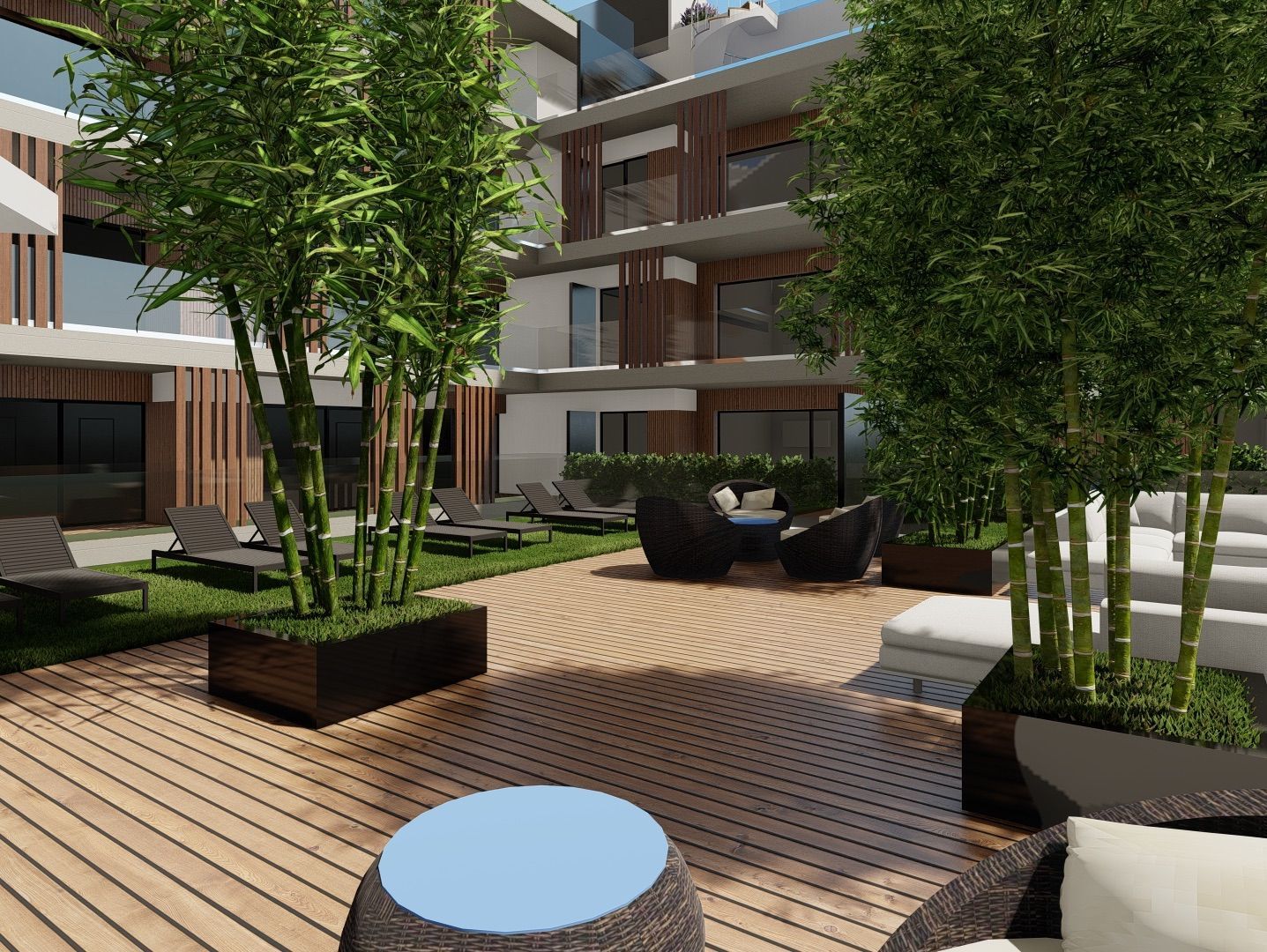 Impresión artística de un área de patio en un edificio.