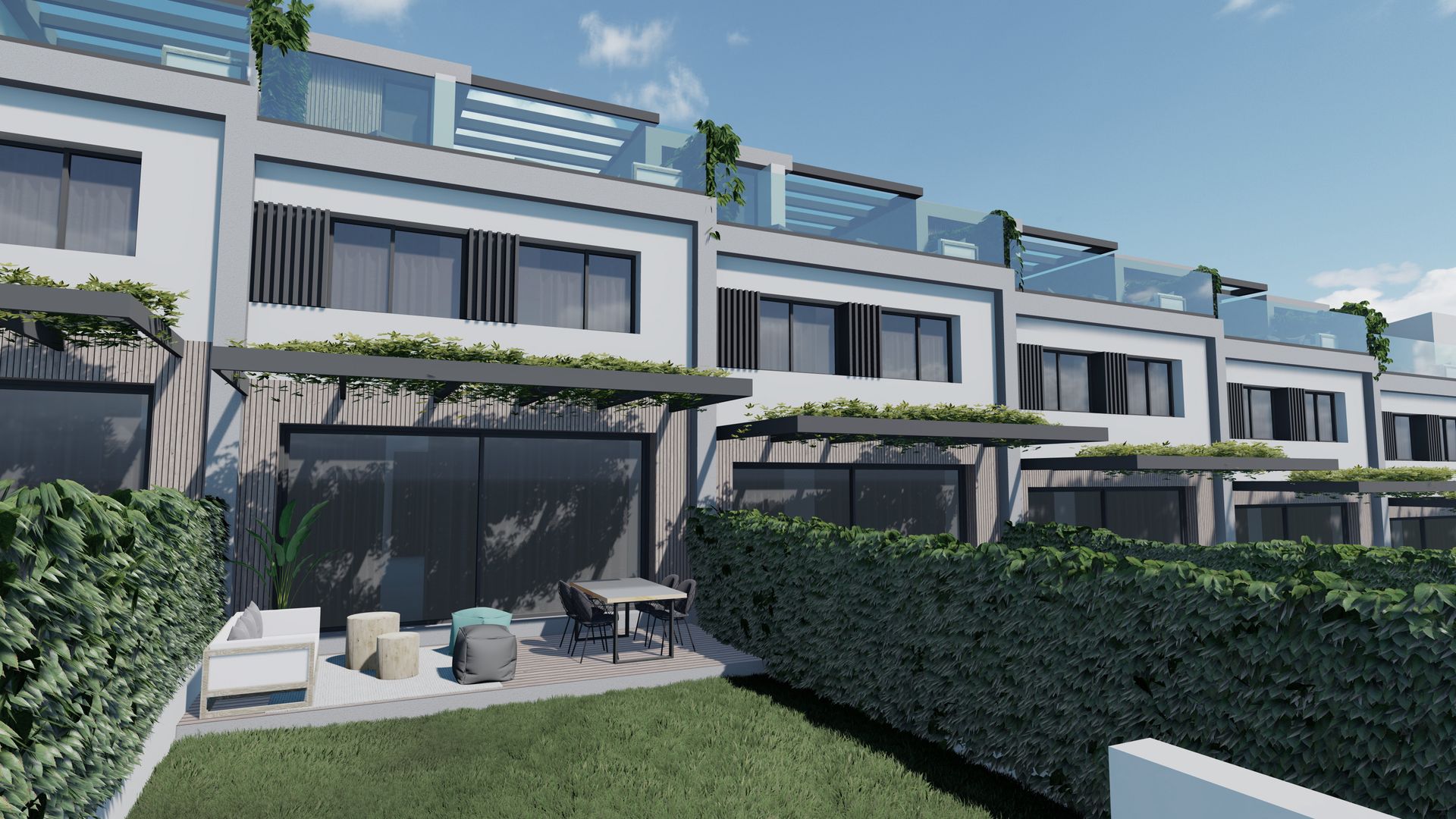Impresión artística de una hilera de casas con un exuberante césped verde delante de ellas.