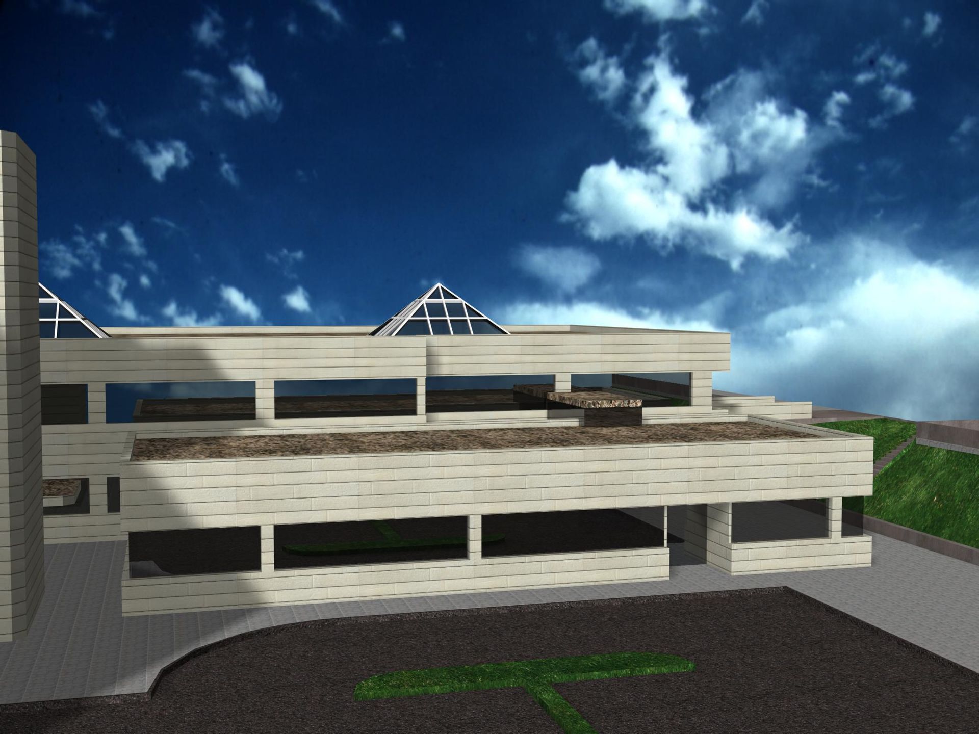 Una imagen generada por computadora de un edificio con un cielo azul de fondo.