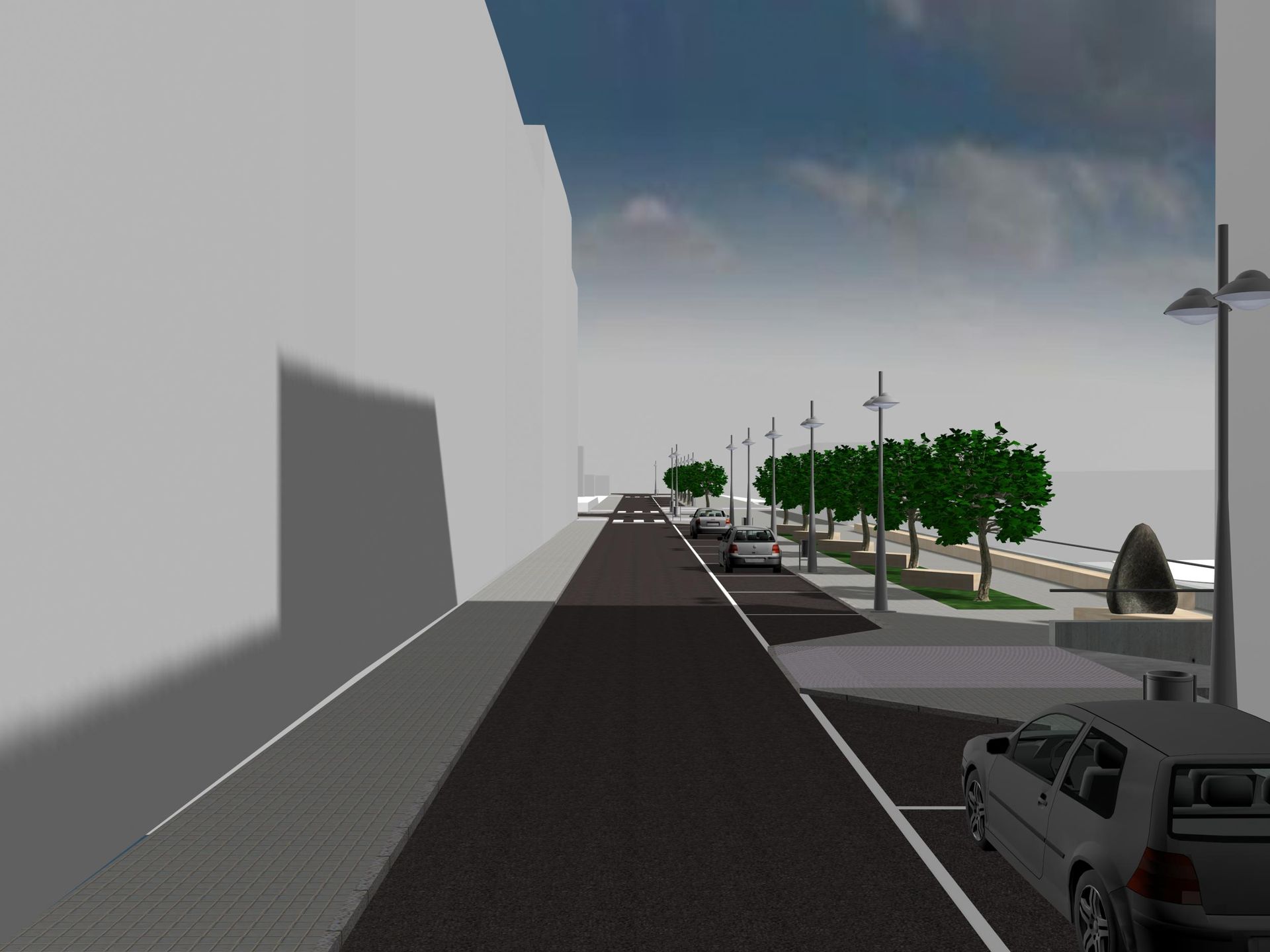 Una imagen generada por computadora de una calle con autos y árboles.