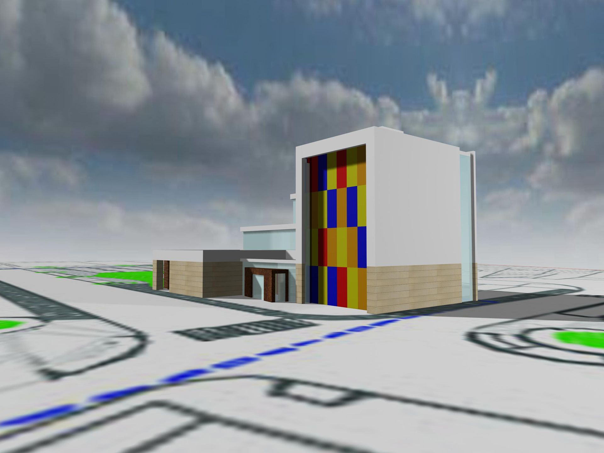 Una imagen generada por computadora de un edificio con una fachada colorida.