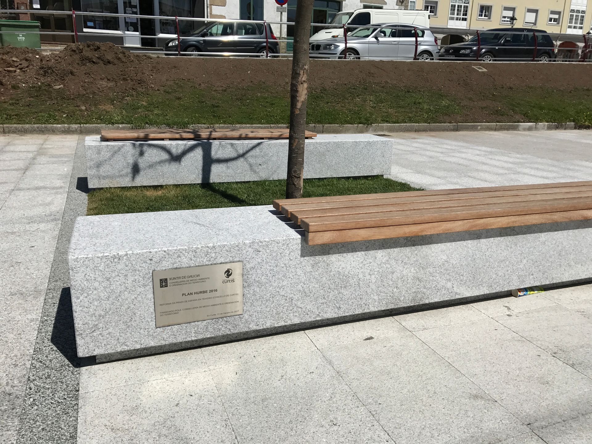 Un banco de parque con un árbol en el medio.