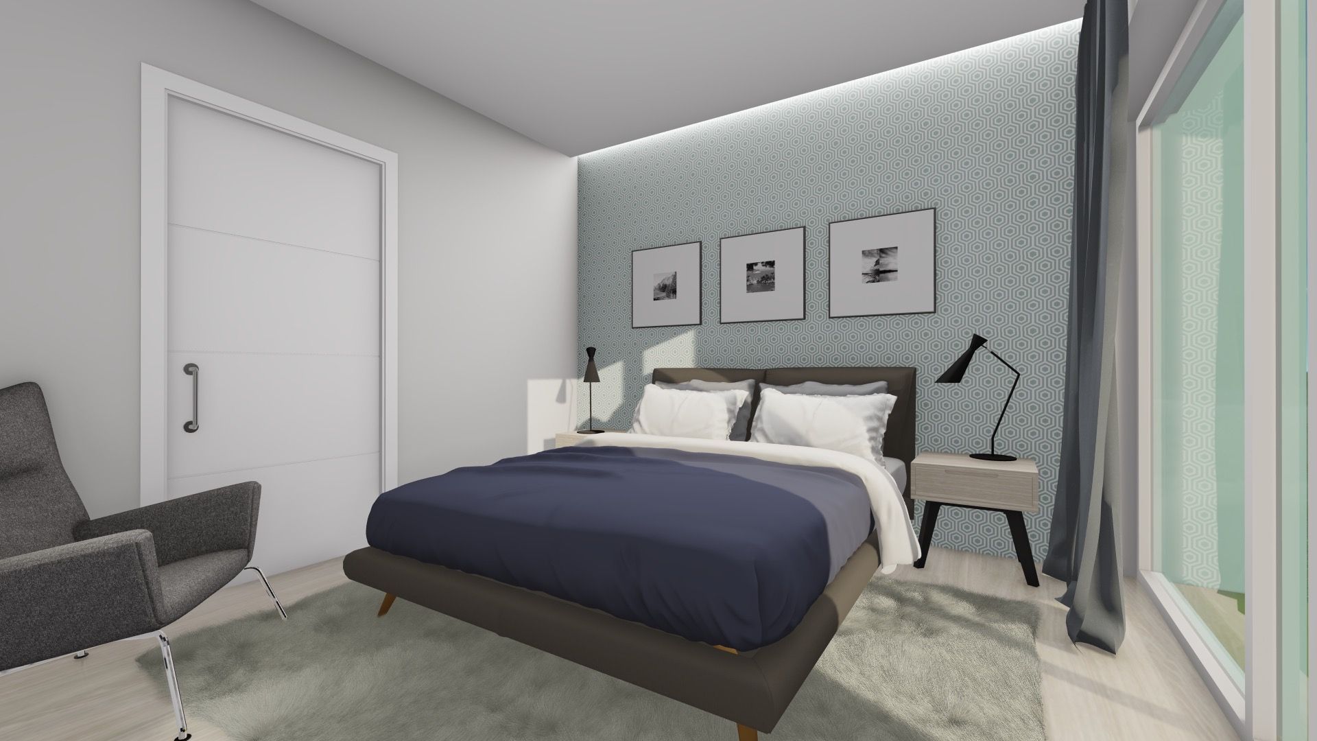 Un dormitorio con una cama, silla, mesita de noche, lámpara y ventana.