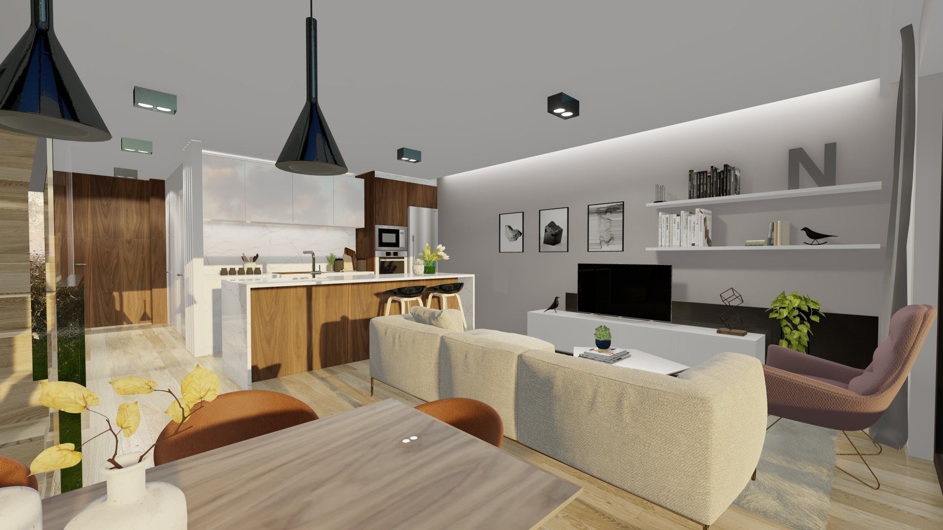 Una sala de estar con sofá, silla, mesa y televisión.