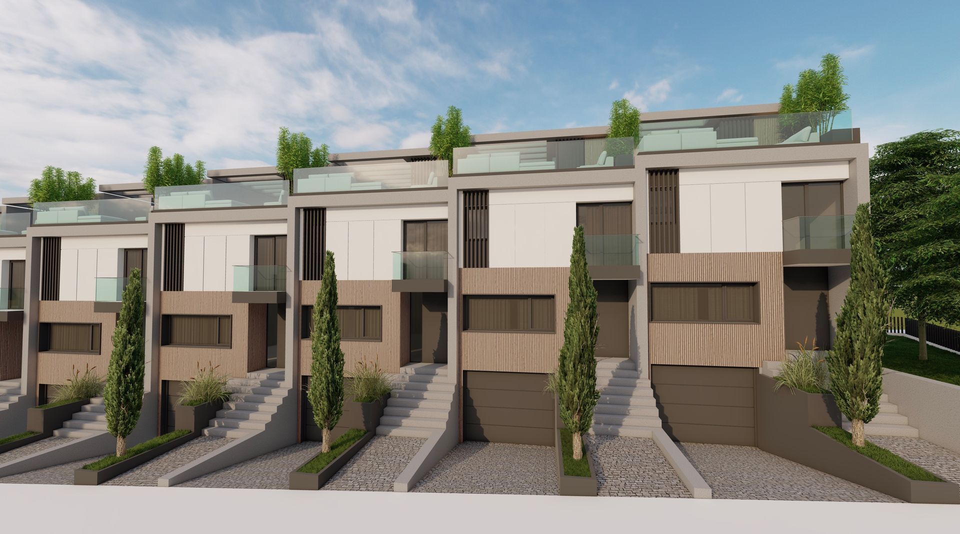 Impresión artística de una hilera de casas con escaleras que conducen a ellas.