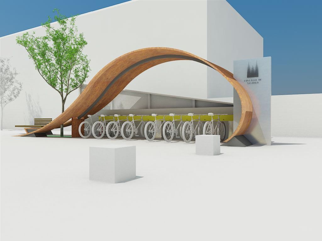 Una representación 3D de un edificio con una escultura de madera delante de él.