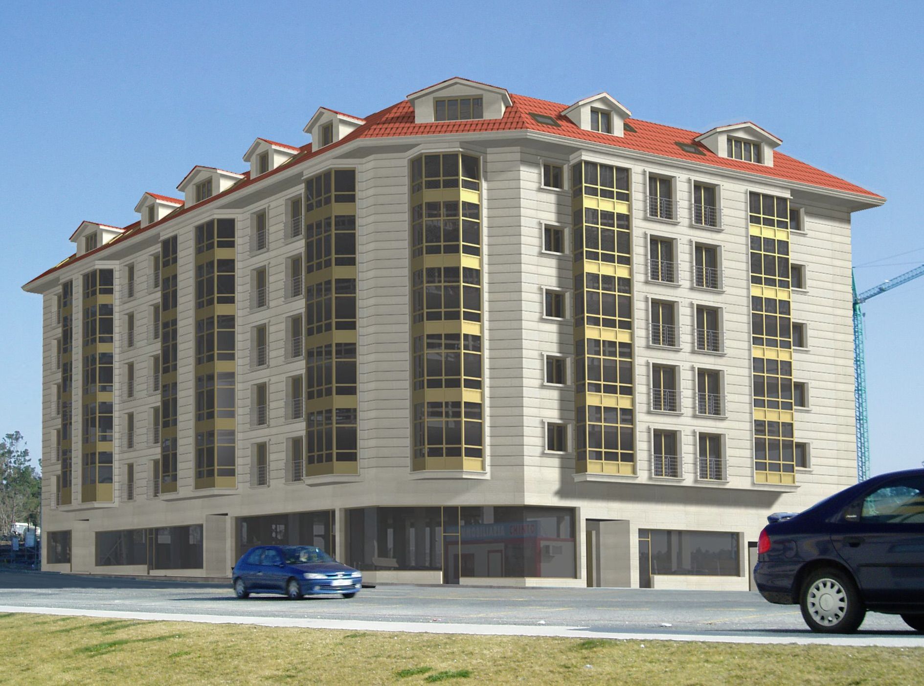 Un coche azul está aparcado delante de un gran edificio.