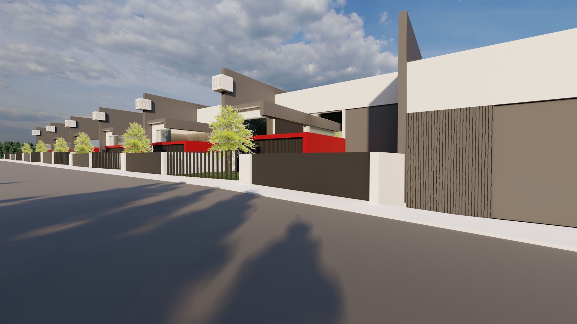 Impresión artística de una hilera de casas con una valla delante de ellas.