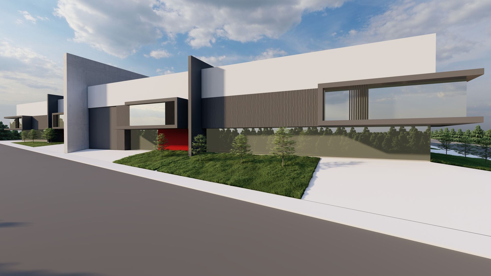 Impresión artística de una casa moderna con muchas ventanas.