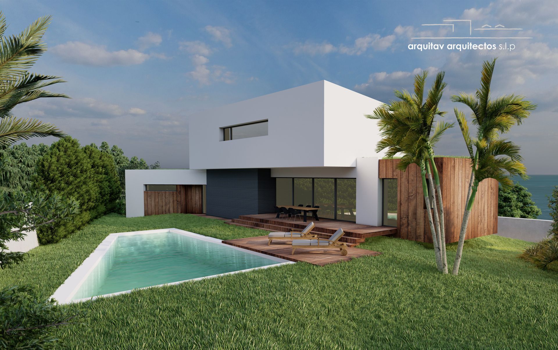 Impresión artística de una casa con piscina en el patio trasero.